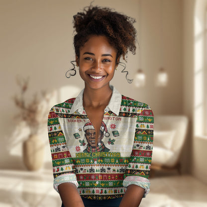 Booker T. Washington Christmas Santa Women Casual Shirt Black History Ugly Pixel Pattern