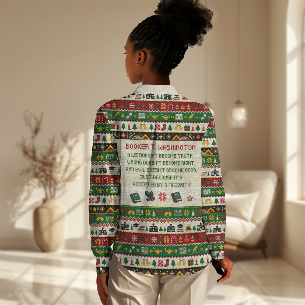 Booker T. Washington Christmas Santa Women Casual Shirt Black History Ugly Pixel Pattern