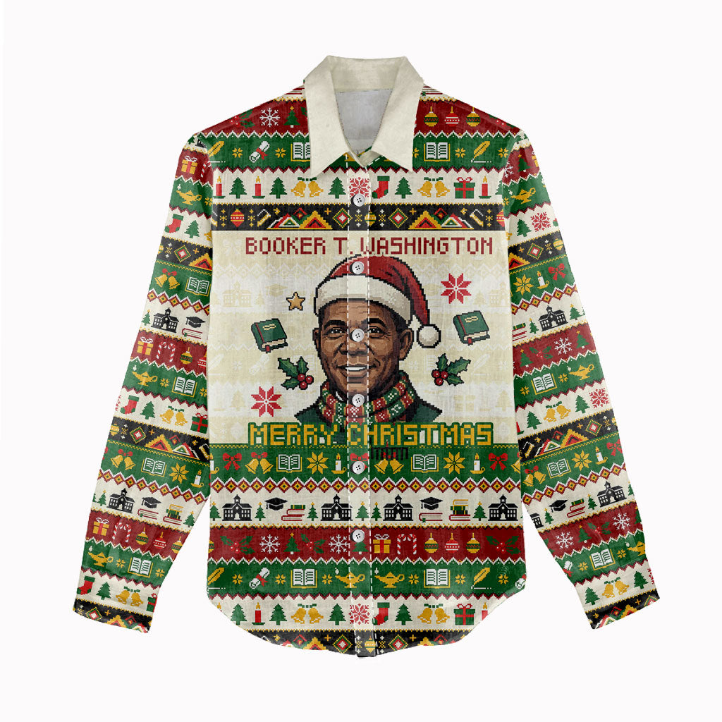 Booker T. Washington Christmas Santa Women Casual Shirt Black History Ugly Pixel Pattern