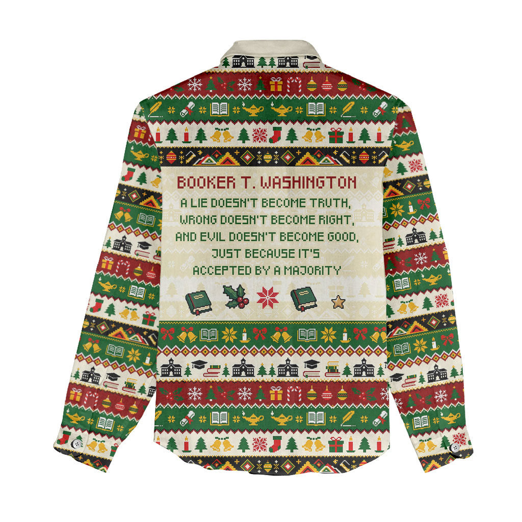 Booker T. Washington Christmas Santa Women Casual Shirt Black History Ugly Pixel Pattern