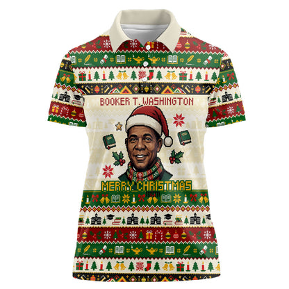 Booker T. Washington Christmas Santa Women Polo Shirt Black History Ugly Pixel Pattern