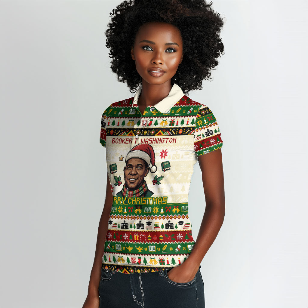 Booker T. Washington Christmas Santa Women Polo Shirt Black History Ugly Pixel Pattern