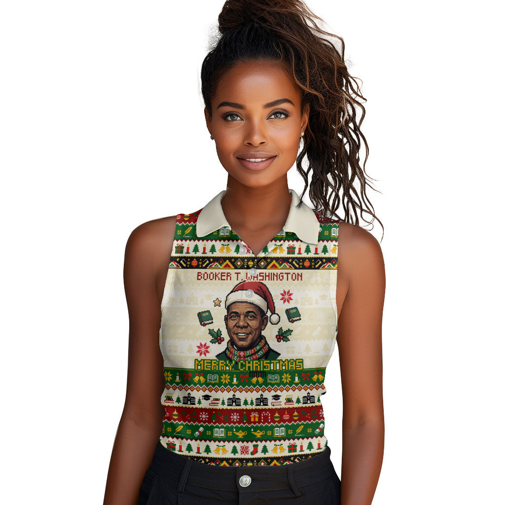 Booker T. Washington Christmas Santa Women Sleeveless Polo Shirt Black History Ugly Pixel Pattern