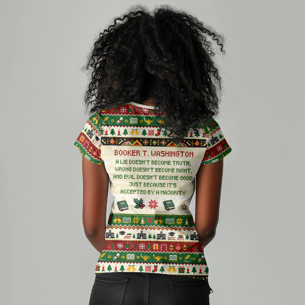 Booker T. Washington Christmas Santa Women V-Neck T-Shirt Black History Ugly Pixel Pattern