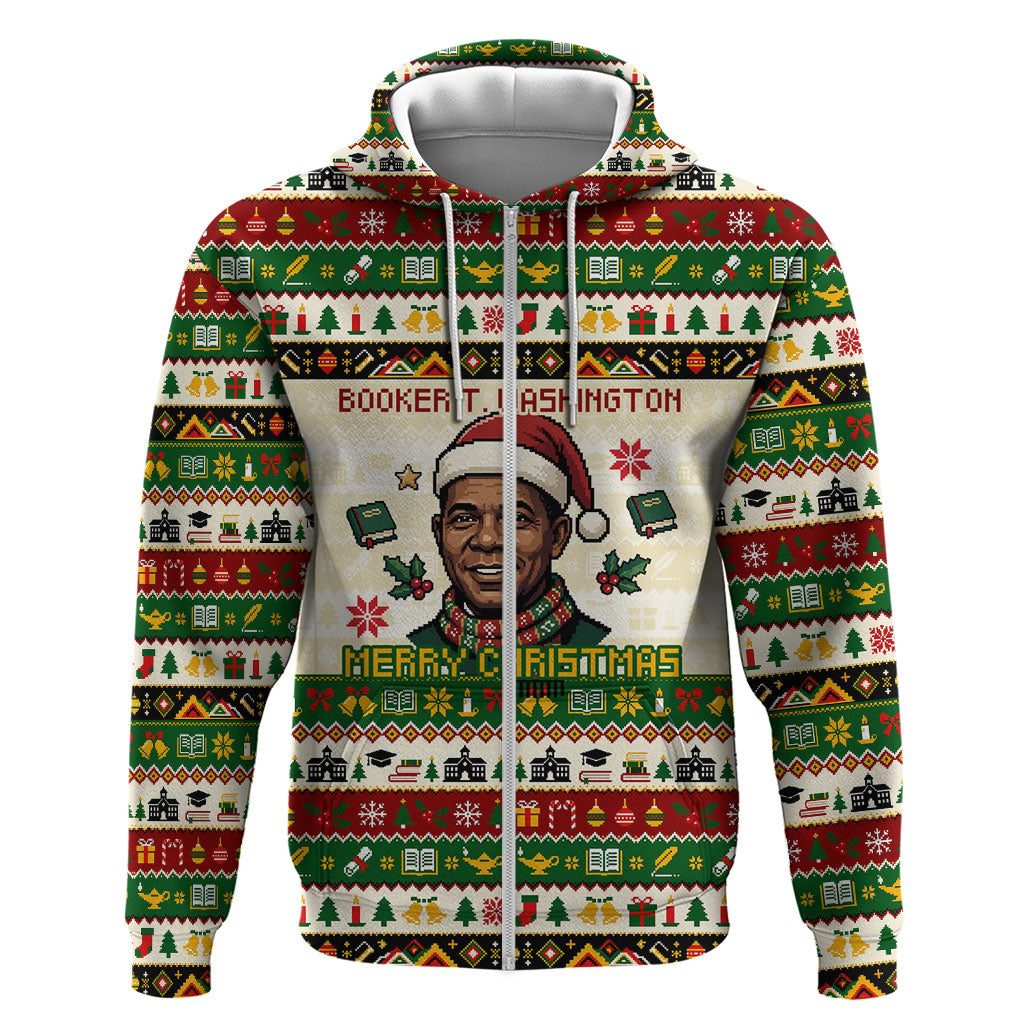 Booker T. Washington Christmas Santa Zip Hoodie Black History Ugly Pixel Pattern