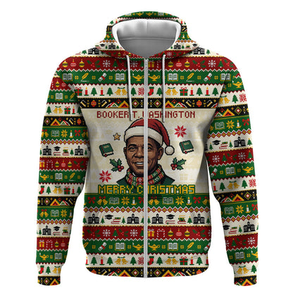 Booker T. Washington Christmas Santa Zip Hoodie Black History Ugly Pixel Pattern