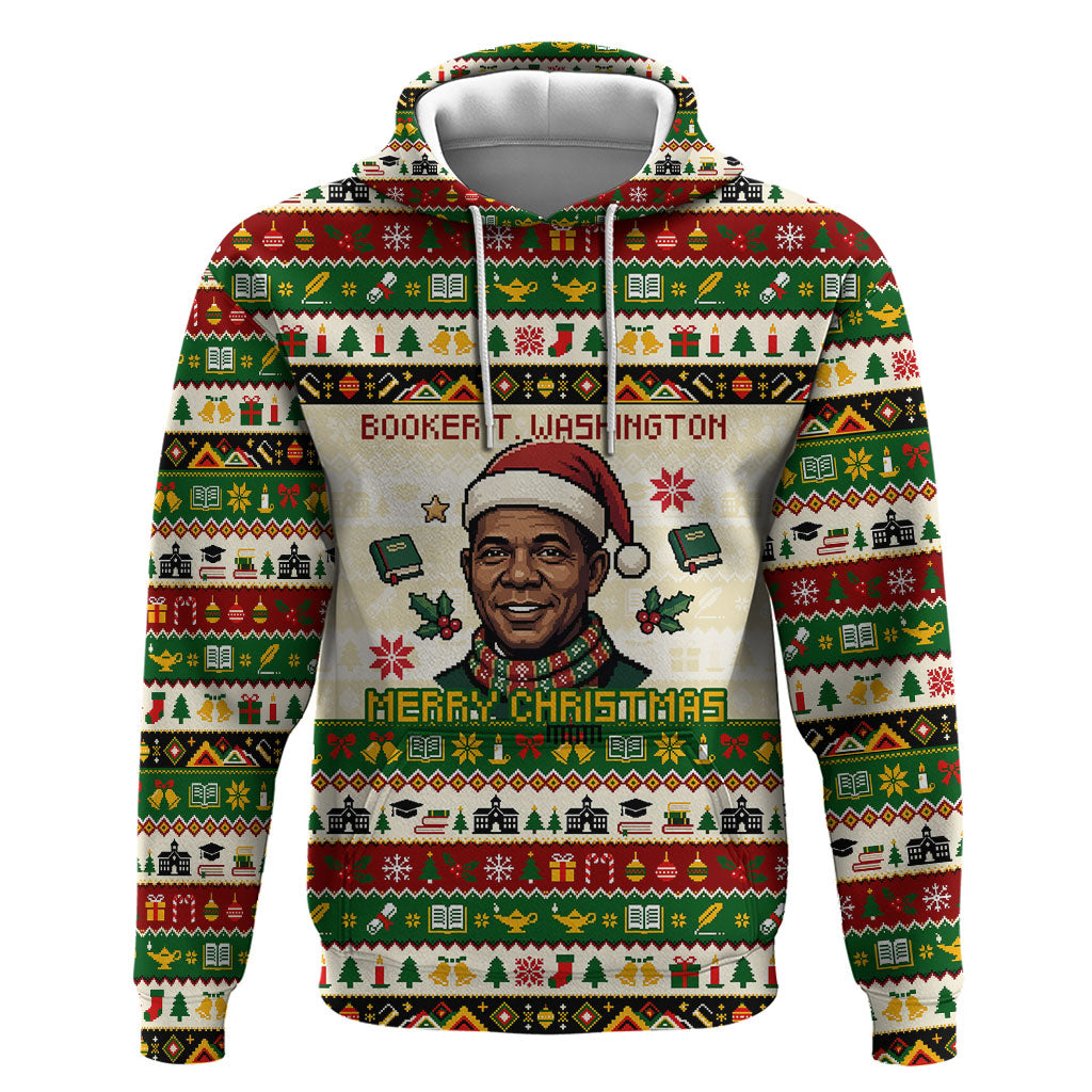 Booker T. Washington Christmas Santa Zip Hoodie Black History Ugly Pixel Pattern