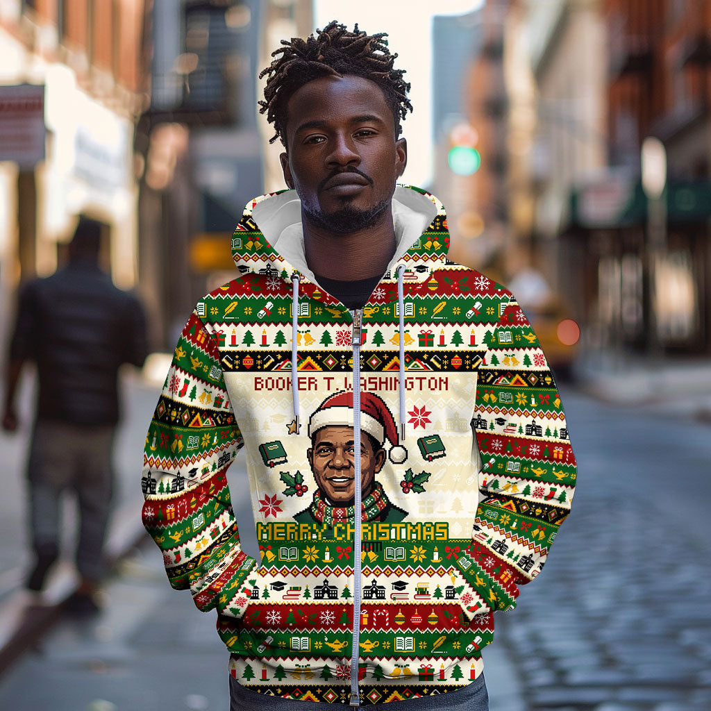 Booker T. Washington Christmas Santa Zip Hoodie Black History Ugly Pixel Pattern