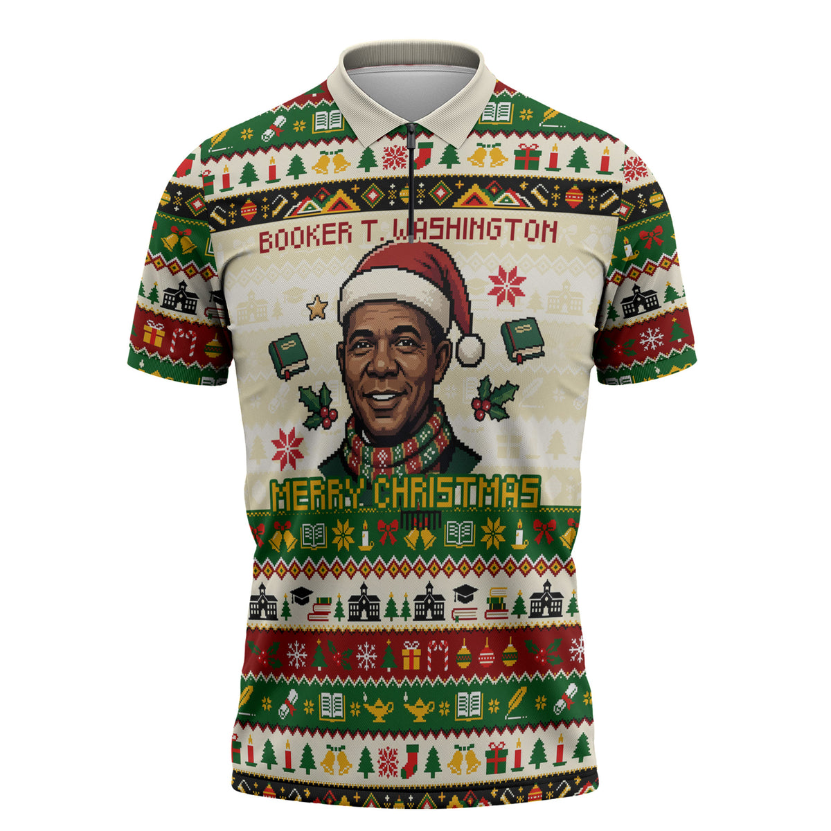 Booker T. Washington Christmas Santa Zipper Polo Shirt Black History Ugly Pixel Pattern