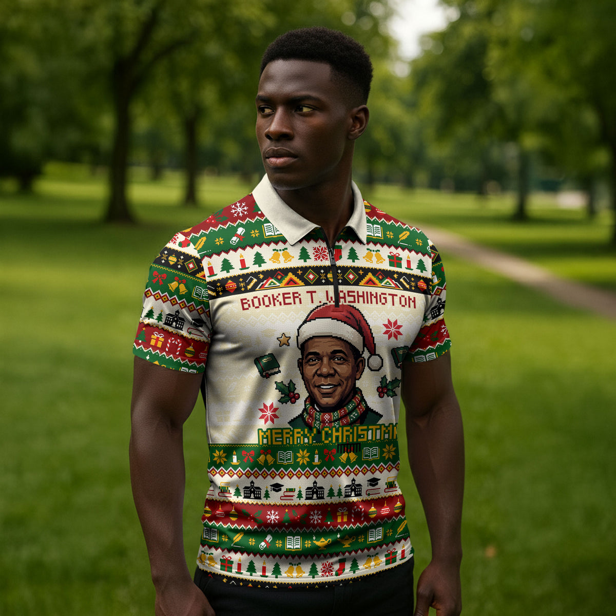 Booker T. Washington Christmas Santa Zipper Polo Shirt Black History Ugly Pixel Pattern