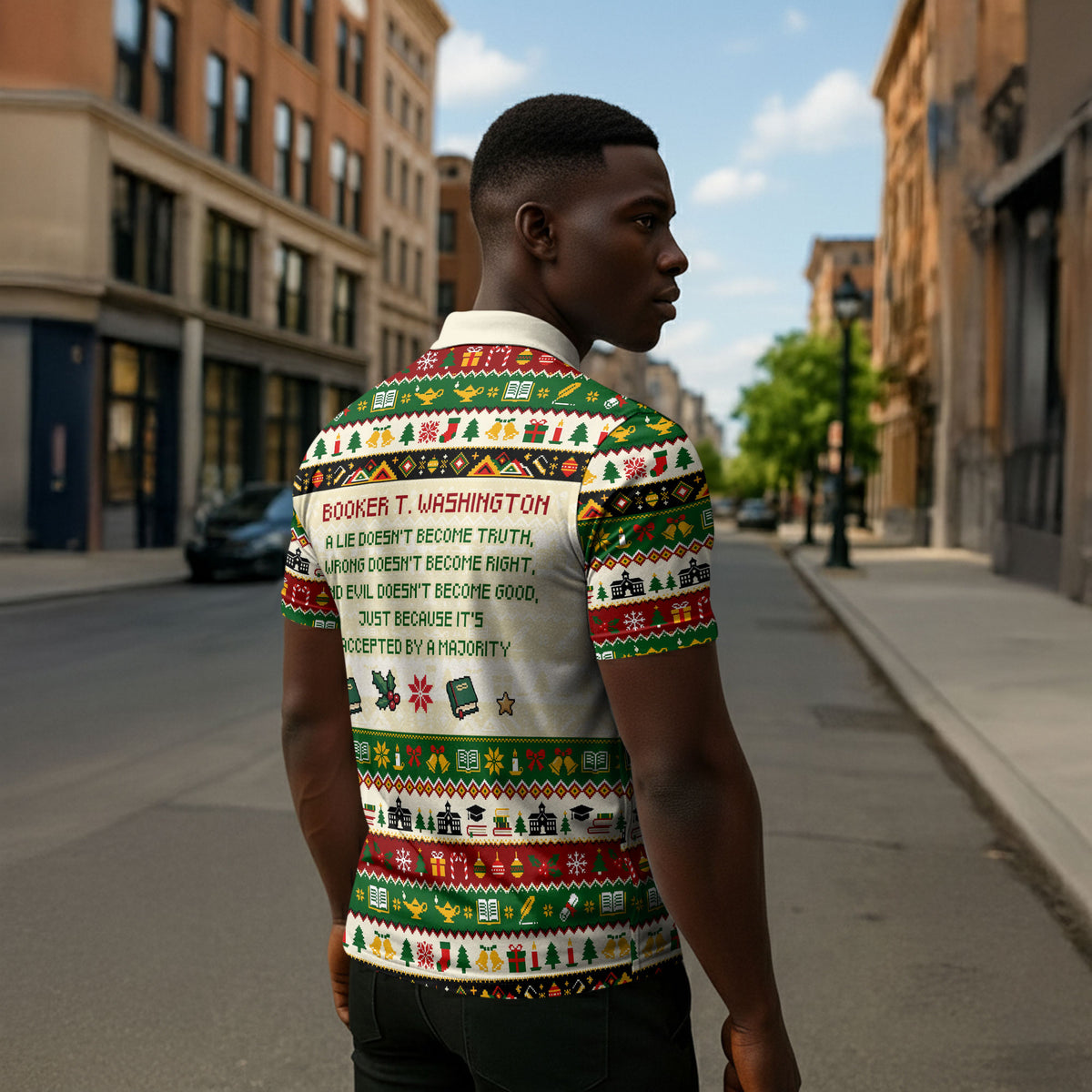 Booker T. Washington Christmas Santa Zipper Polo Shirt Black History Ugly Pixel Pattern