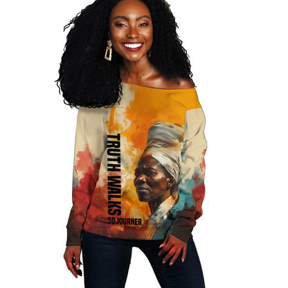 Sojourner Truth Off Shoulder Sweater Truth Walks - Bold Portrait and Empowerment Design - African Pride