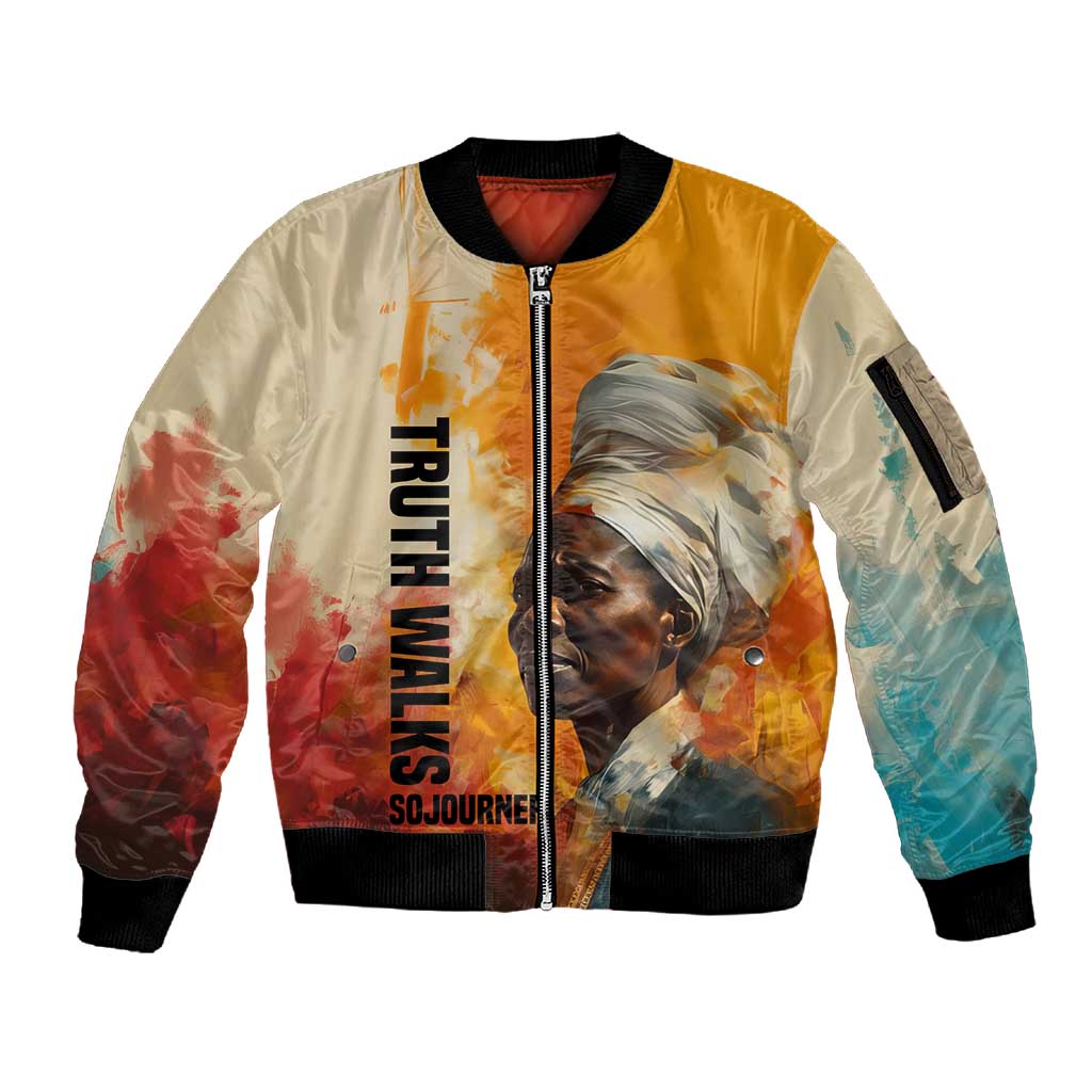 Sojourner Truth Sleeve Zip Bomber Jacket Truth Walks - Bold Portrait and Empowerment Design - African Pride