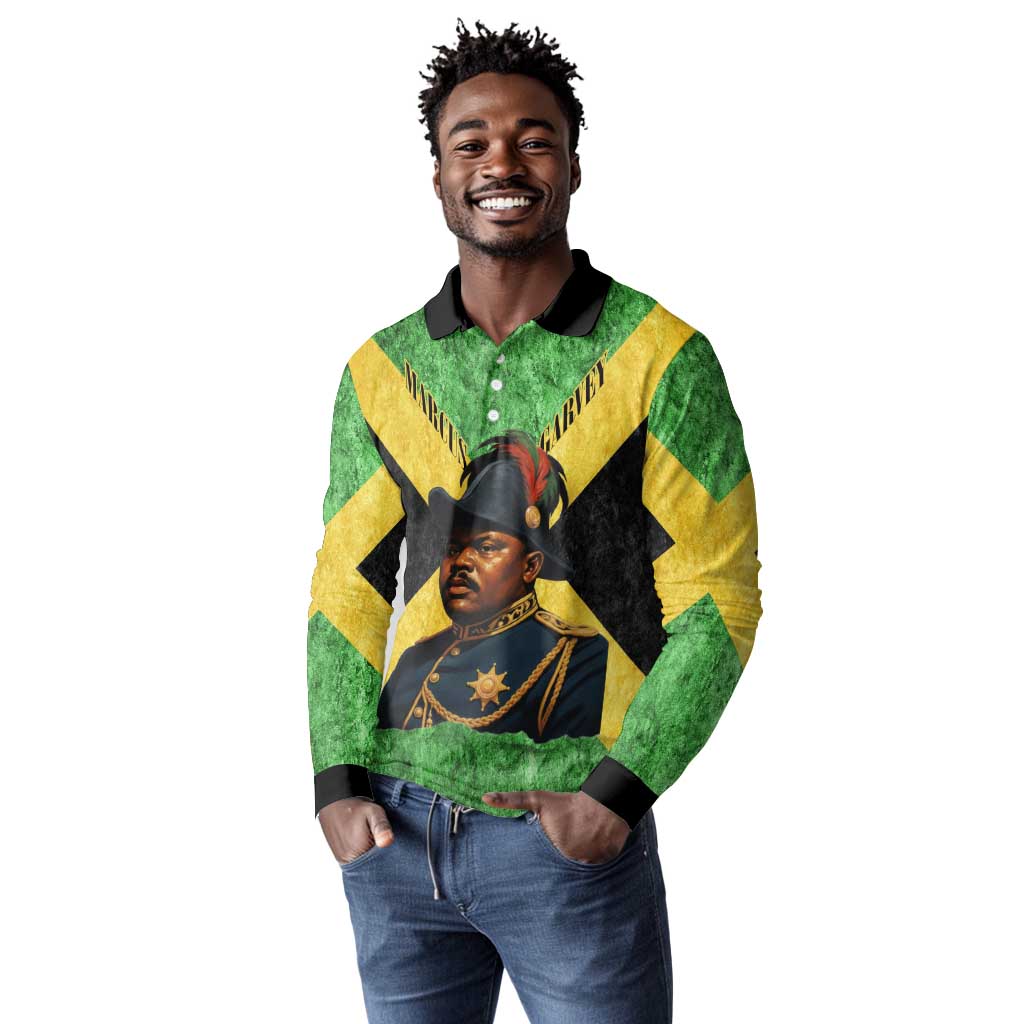 Marcus Garvey Long Sleeve Polo Shirt Jamaican Flag Theme African Fist Civil Rights Symbol Pan African Tribute Design - African Pride