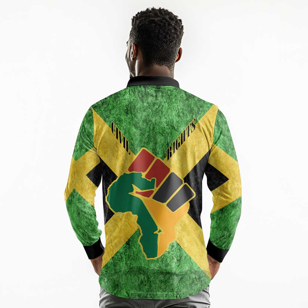 Marcus Garvey Long Sleeve Polo Shirt Jamaican Flag Theme African Fist Civil Rights Symbol Pan African Tribute Design - African Pride