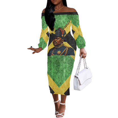 Marcus Garvey Off The Shoulder Long Sleeve Dress Jamaican Flag Theme African Fist Civil Rights Symbol Pan African Tribute Design - African Pride