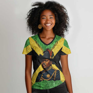 Marcus Garvey Women V-Neck T-Shirt Jamaican Flag Theme African Fist Civil Rights Symbol Pan African Tribute Design TS04