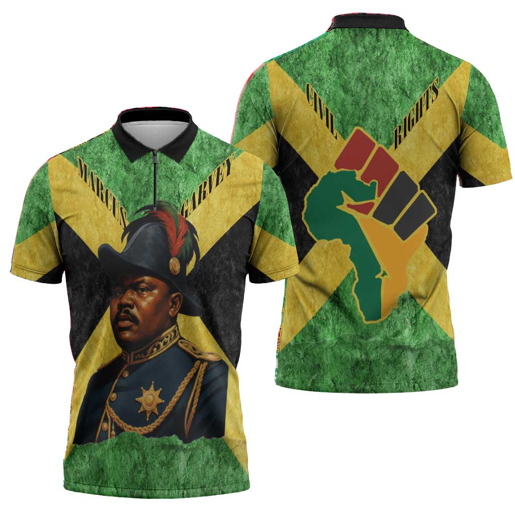 Marcus Garvey Zipper Polo Shirt Jamaican Flag Theme African Fist Civil Rights Symbol Pan African Tribute Design - African Pride