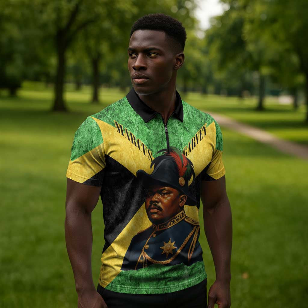 Marcus Garvey Zipper Polo Shirt Jamaican Flag Theme African Fist Civil Rights Symbol Pan African Tribute Design - African Pride