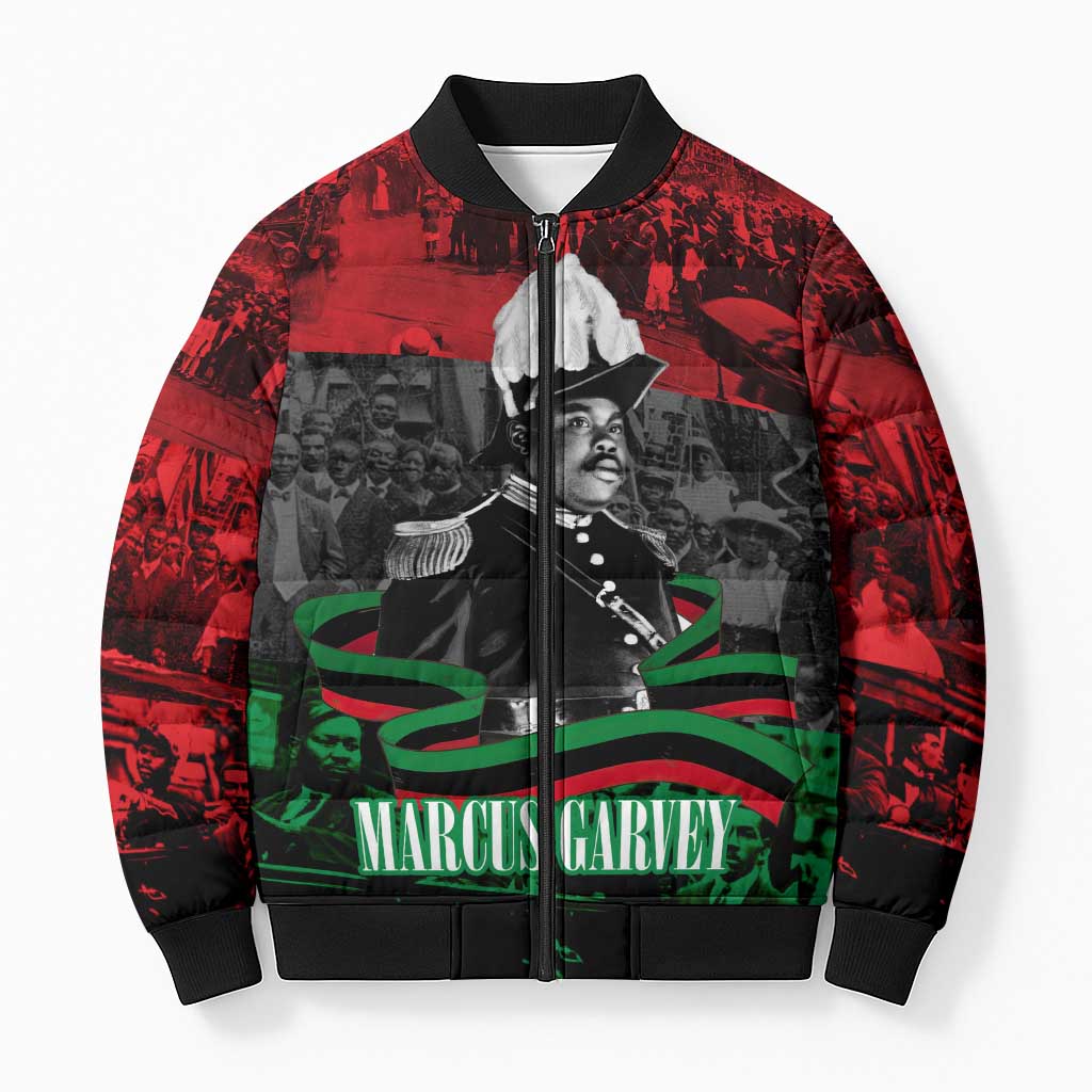 Marcus Garvey Bomber Puffer Jacket Collage Design Progress Is the Attraction Quote Pan African Movement Tribute - African Pride