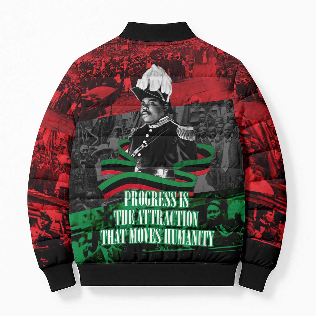 Marcus Garvey Bomber Puffer Jacket Collage Design Progress Is the Attraction Quote Pan African Movement Tribute - African Pride