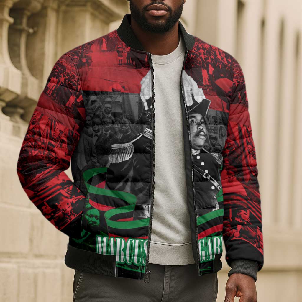 Marcus Garvey Bomber Puffer Jacket Collage Design Progress Is the Attraction Quote Pan African Movement Tribute - African Pride