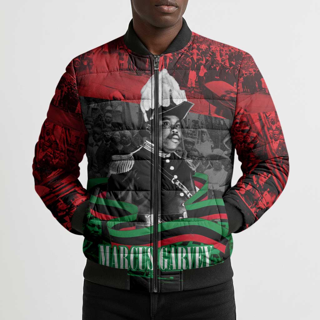 Marcus Garvey Bomber Puffer Jacket Collage Design Progress Is the Attraction Quote Pan African Movement Tribute - African Pride