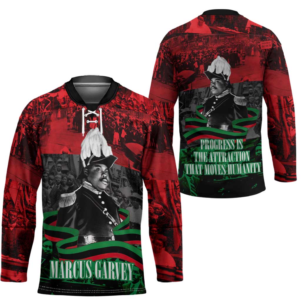 Marcus Garvey Hockey Jersey Collage Design Progress Is the Attraction Quote Pan African Movement Tribute - African Pride