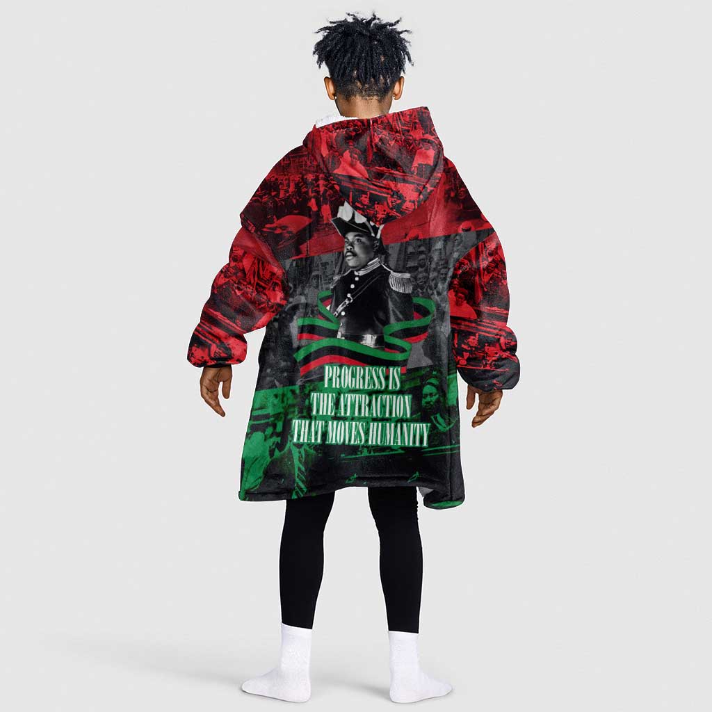 Marcus Garvey Kid Wearable Blanket Hoodie Collage Design Progress Is the Attraction Quote Pan African Movement Tribute - African Pride