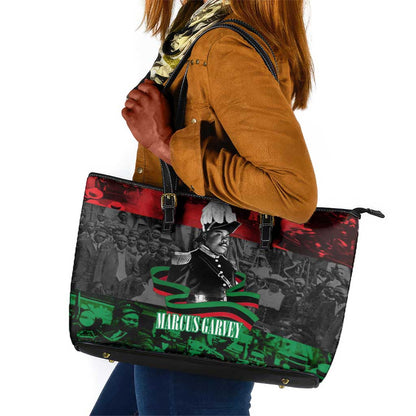 Marcus Garvey Leather Tote Bag Collage Design Progress Is the Attraction Quote Pan African Movement Tribute - African Pride
