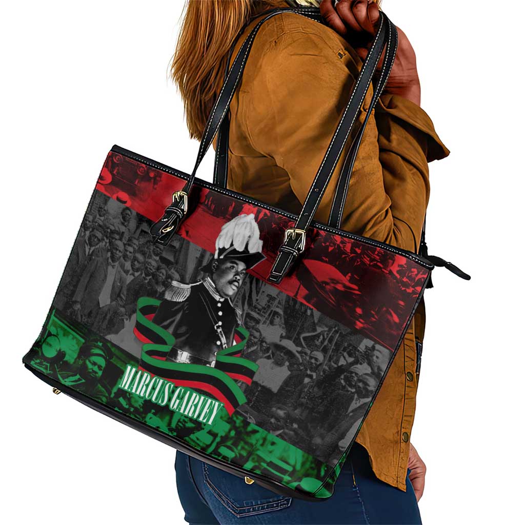 Marcus Garvey Leather Tote Bag Collage Design Progress Is the Attraction Quote Pan African Movement Tribute - African Pride