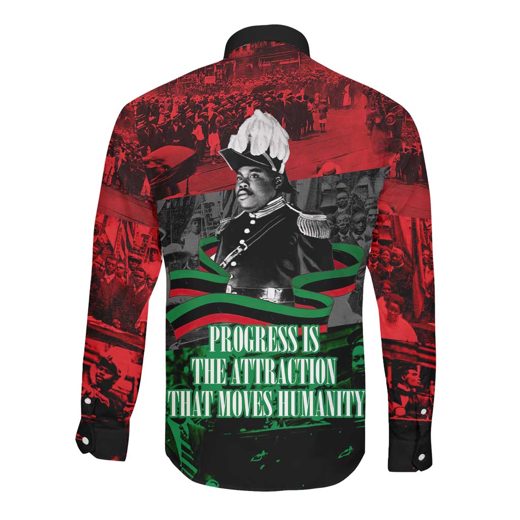 Marcus Garvey Long Sleeve Button Shirt Collage Design Progress Is the Attraction Quote Pan African Movement Tribute - African Pride