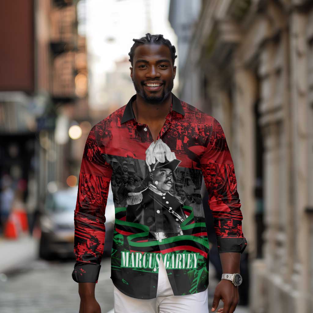 Marcus Garvey Long Sleeve Button Shirt Collage Design Progress Is the Attraction Quote Pan African Movement Tribute - African Pride