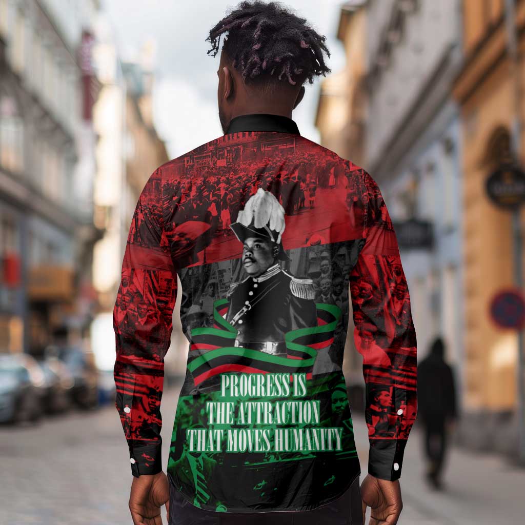 Marcus Garvey Long Sleeve Button Shirt Collage Design Progress Is the Attraction Quote Pan African Movement Tribute - African Pride