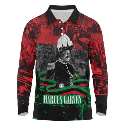 Marcus Garvey Long Sleeve Polo Shirt Collage Design Progress Is the Attraction Quote Pan African Movement Tribute - African Pride