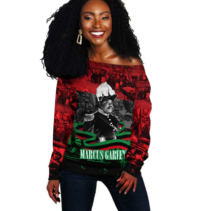 Marcus Garvey Off Shoulder Sweater Collage Design Progress Is the Attraction Quote Pan African Movement Tribute - African Pride