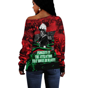 Marcus Garvey Off Shoulder Sweater Collage Design Progress Is the Attraction Quote Pan African Movement Tribute - African Pride
