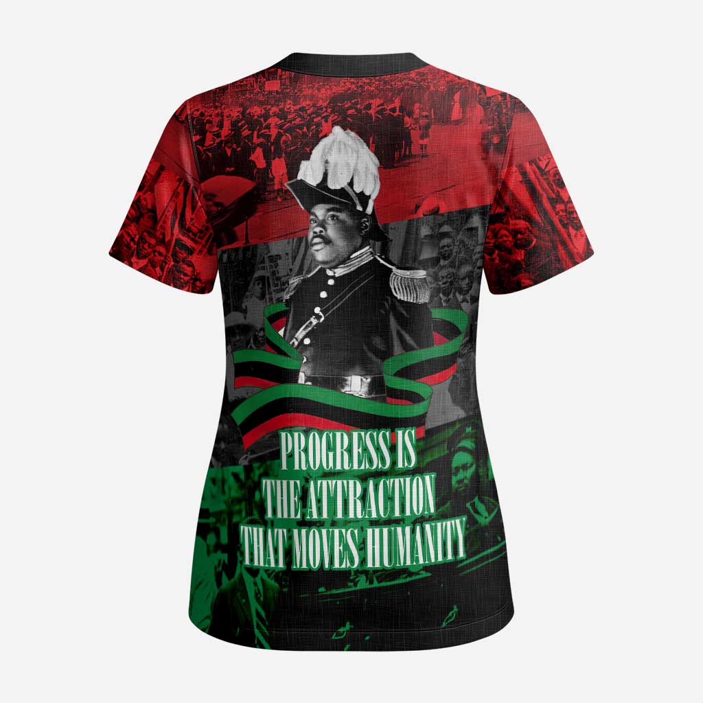 Marcus Garvey Scrub Top Collage Design Progress Is the Attraction Quote Pan African Movement Tribute - African Pride