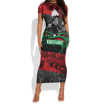 Marcus Garvey Short Sleeve Bodycon Dress Collage Design Progress Is the Attraction Quote Pan African Movement Tribute TS04