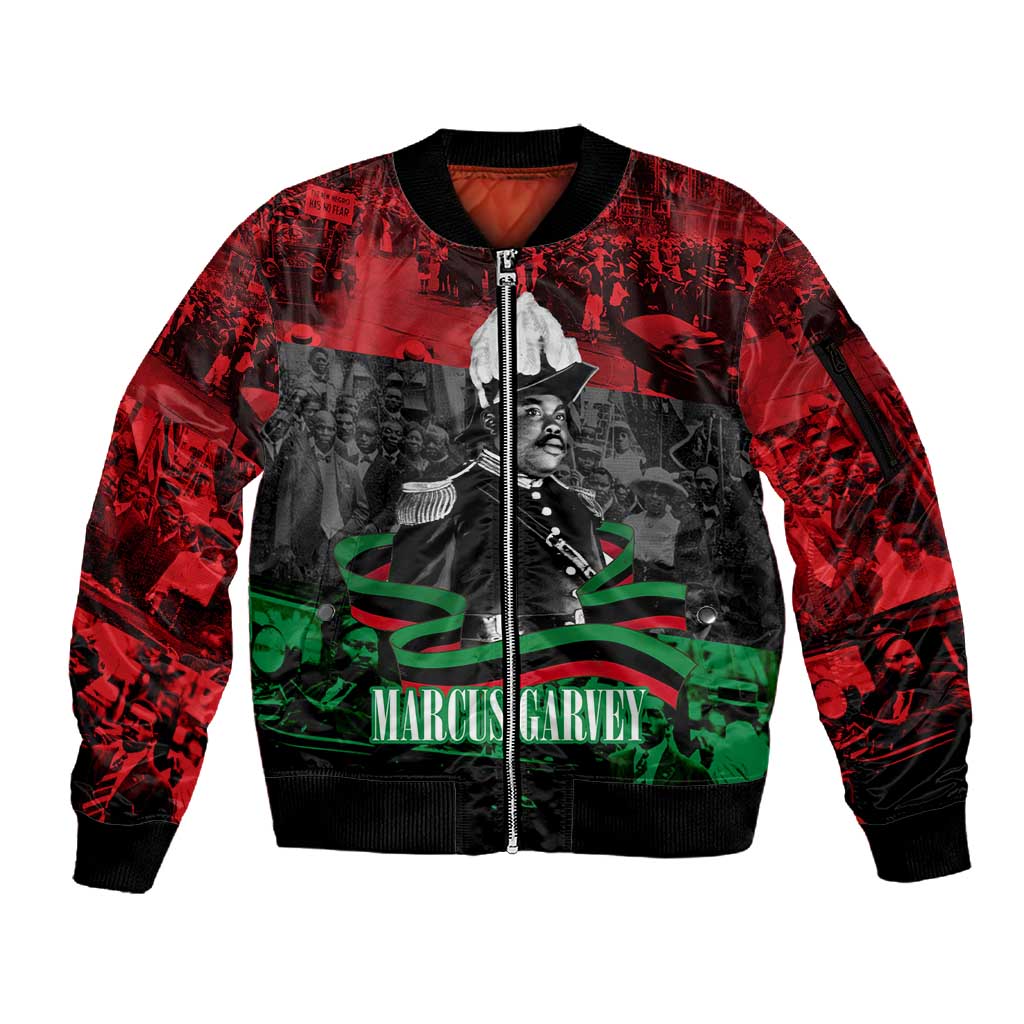 Marcus Garvey Sleeve Zip Bomber Jacket Collage Design Progress Is the Attraction Quote Pan African Movement Tribute - African Pride
