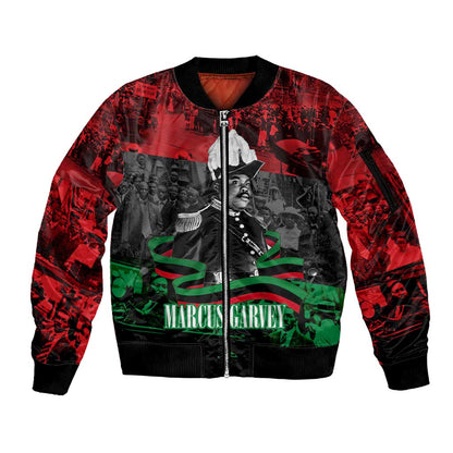 Marcus Garvey Sleeve Zip Bomber Jacket Collage Design Progress Is the Attraction Quote Pan African Movement Tribute - African Pride