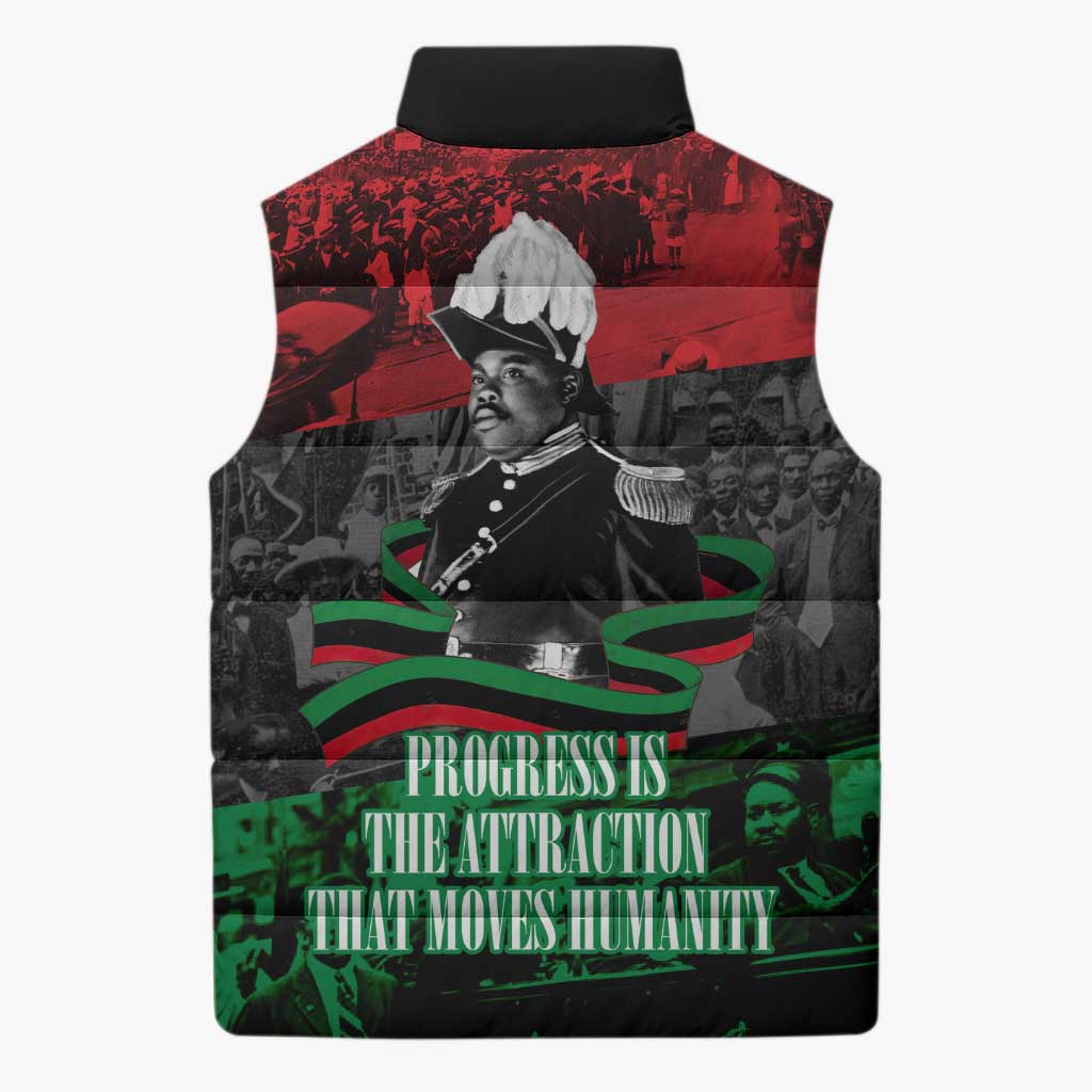 Marcus Garvey Sleeveless Puffer Jacket Collage Design Progress Is the Attraction Quote Pan African Movement Tribute - African Pride