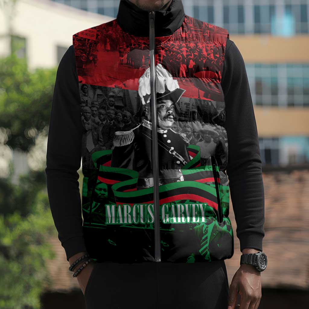Marcus Garvey Sleeveless Puffer Jacket Collage Design Progress Is the Attraction Quote Pan African Movement Tribute - African Pride