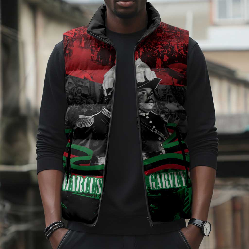 Marcus Garvey Sleeveless Puffer Jacket Collage Design Progress Is the Attraction Quote Pan African Movement Tribute - African Pride