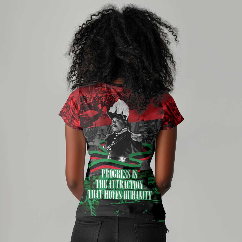 Marcus Garvey Women V-Neck T-Shirt Collage Design Progress Is the Attraction Quote Pan African Movement Tribute TS04