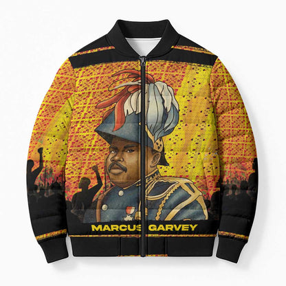 Marcus Garvey Bomber Puffer Jacket Yellow African Pattern Design Pan African Flag Civil Rights Movement Tribute - African Pride