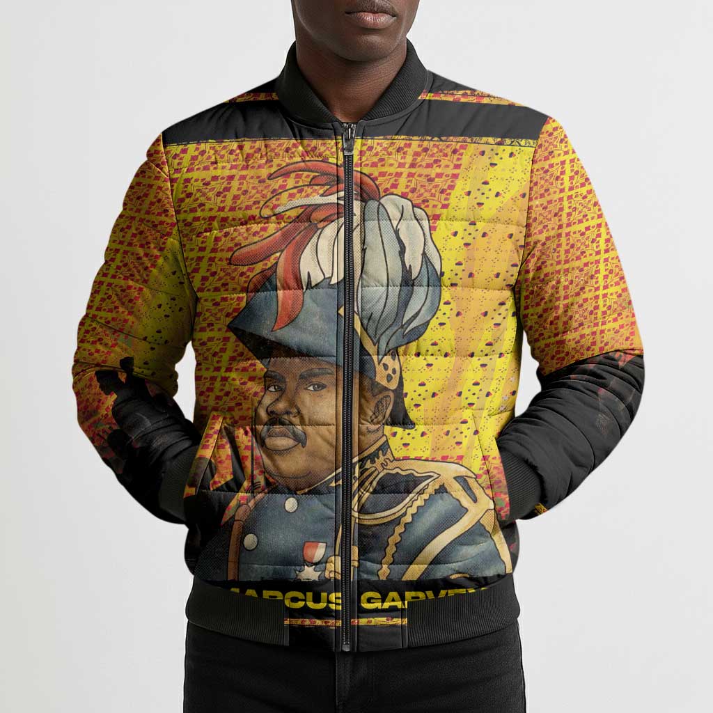 Marcus Garvey Bomber Puffer Jacket Yellow African Pattern Design Pan African Flag Civil Rights Movement Tribute - African Pride