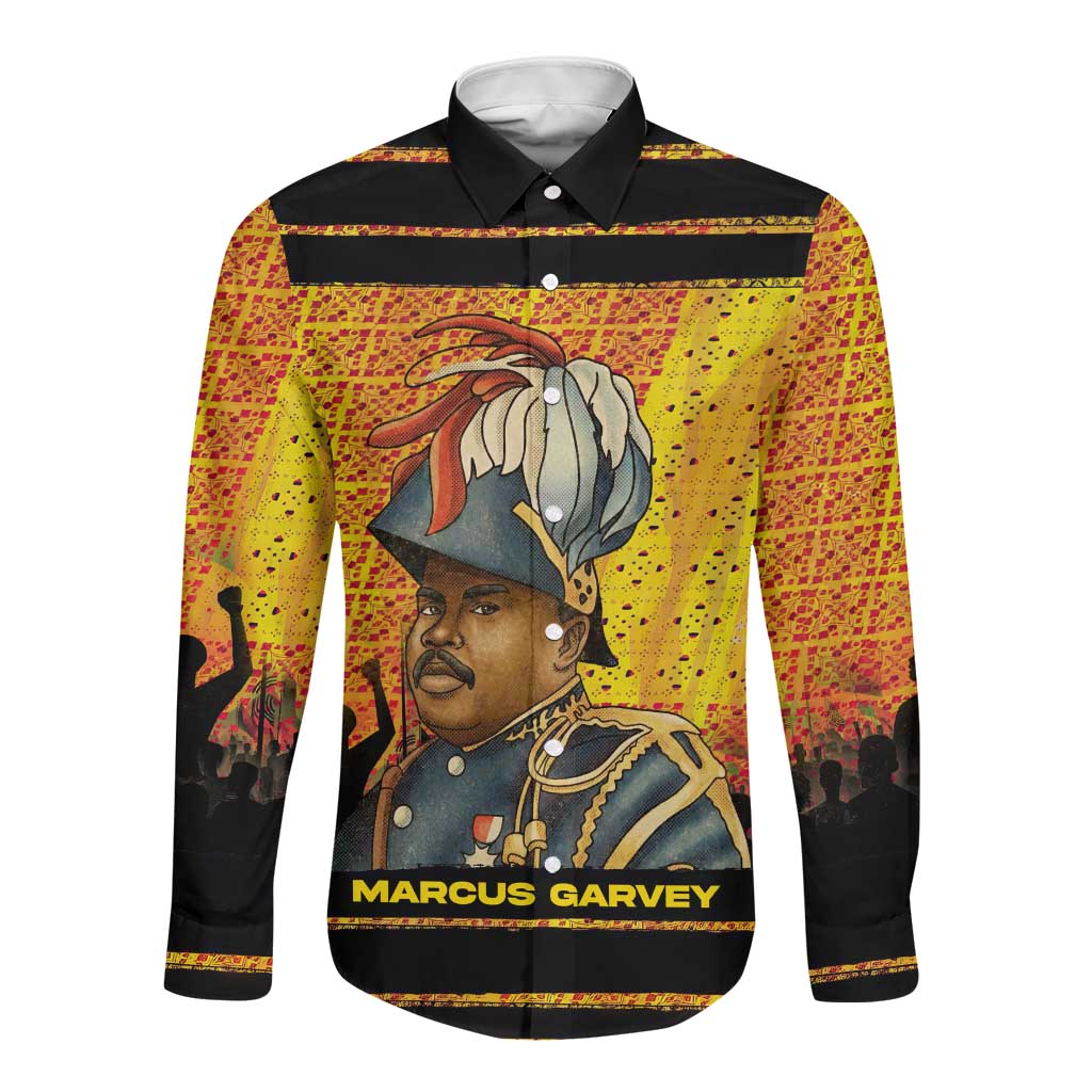 Marcus Garvey Long Sleeve Button Shirt Yellow African Pattern Design Pan African Flag Civil Rights Movement Tribute - African Pride