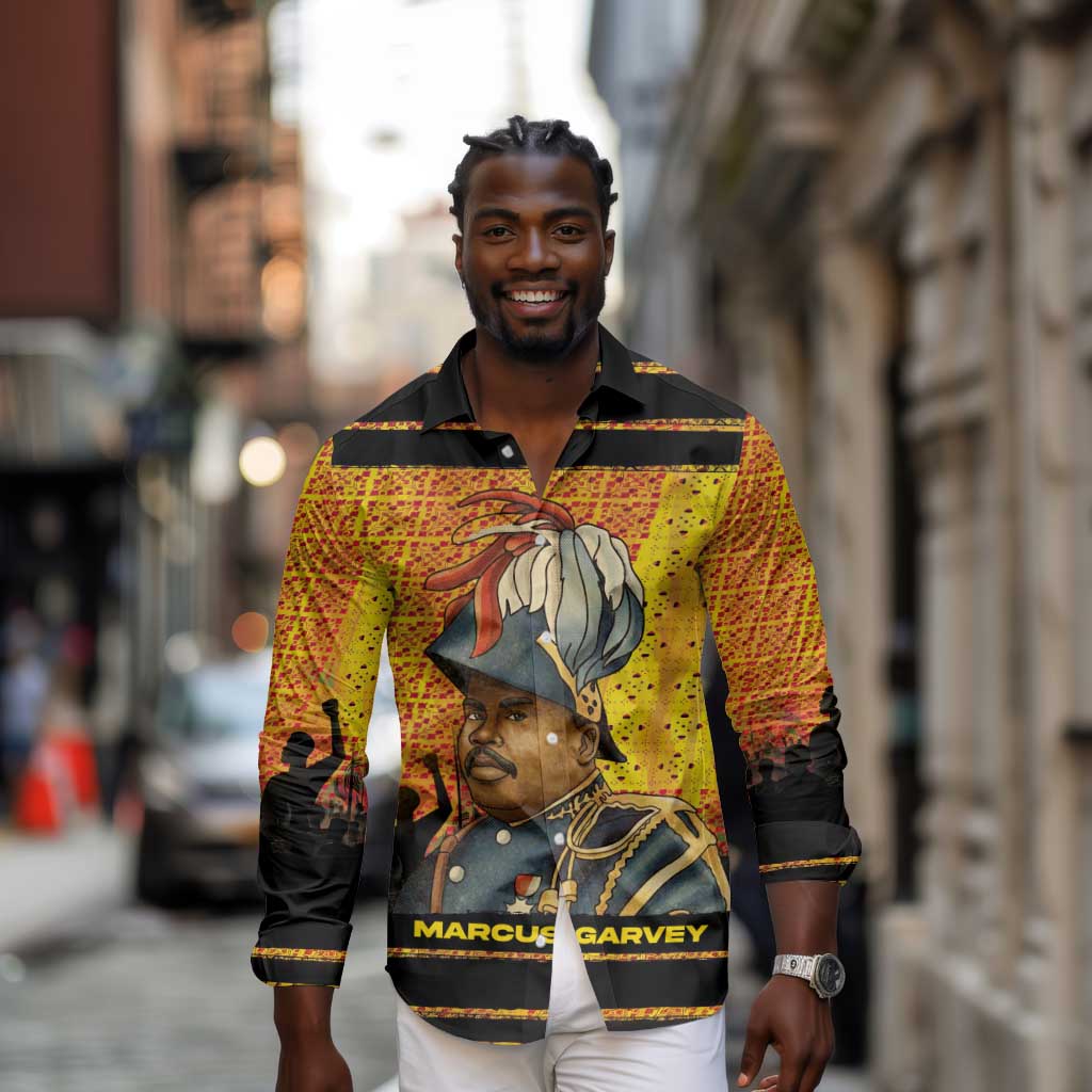 Marcus Garvey Long Sleeve Button Shirt Yellow African Pattern Design Pan African Flag Civil Rights Movement Tribute - African Pride