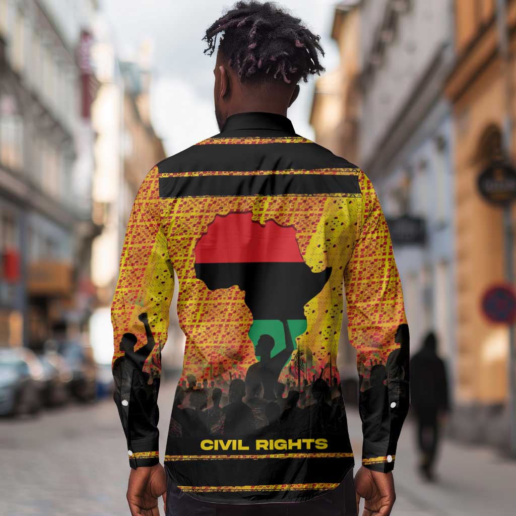 Marcus Garvey Long Sleeve Button Shirt Yellow African Pattern Design Pan African Flag Civil Rights Movement Tribute - African Pride